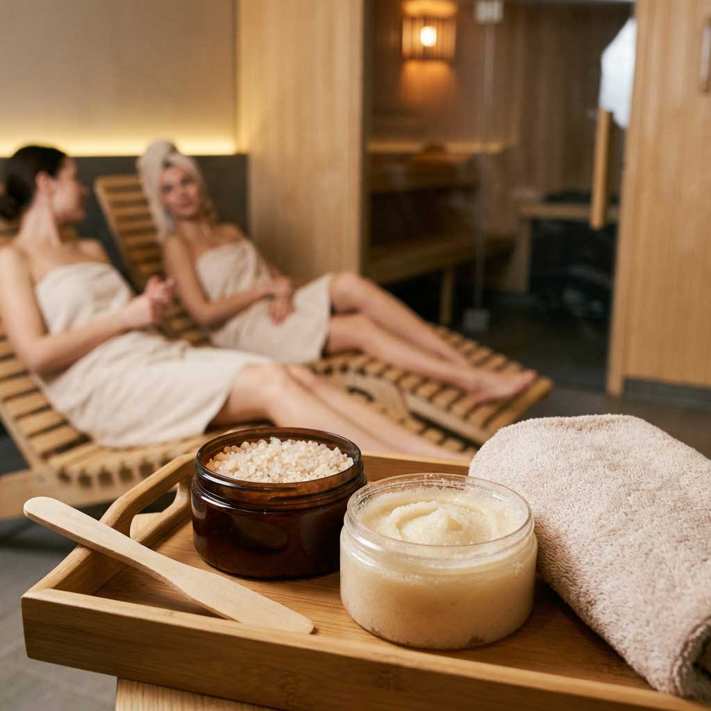 Spa-Szene mit zwei Frauen, die sich auf Liegestühlen entspannen und Spa-Behandlungen auf einem Holztablett genießen.