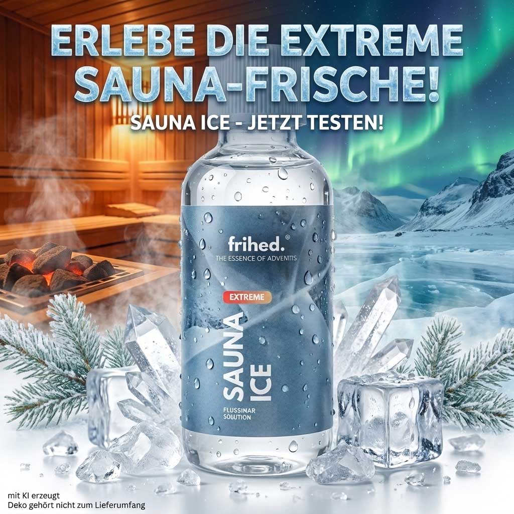 Eine klare 100-ml-Flasche Frihed flüssiges Menthol-Sauna-Eiskonzentrat mit Wassertropfen.