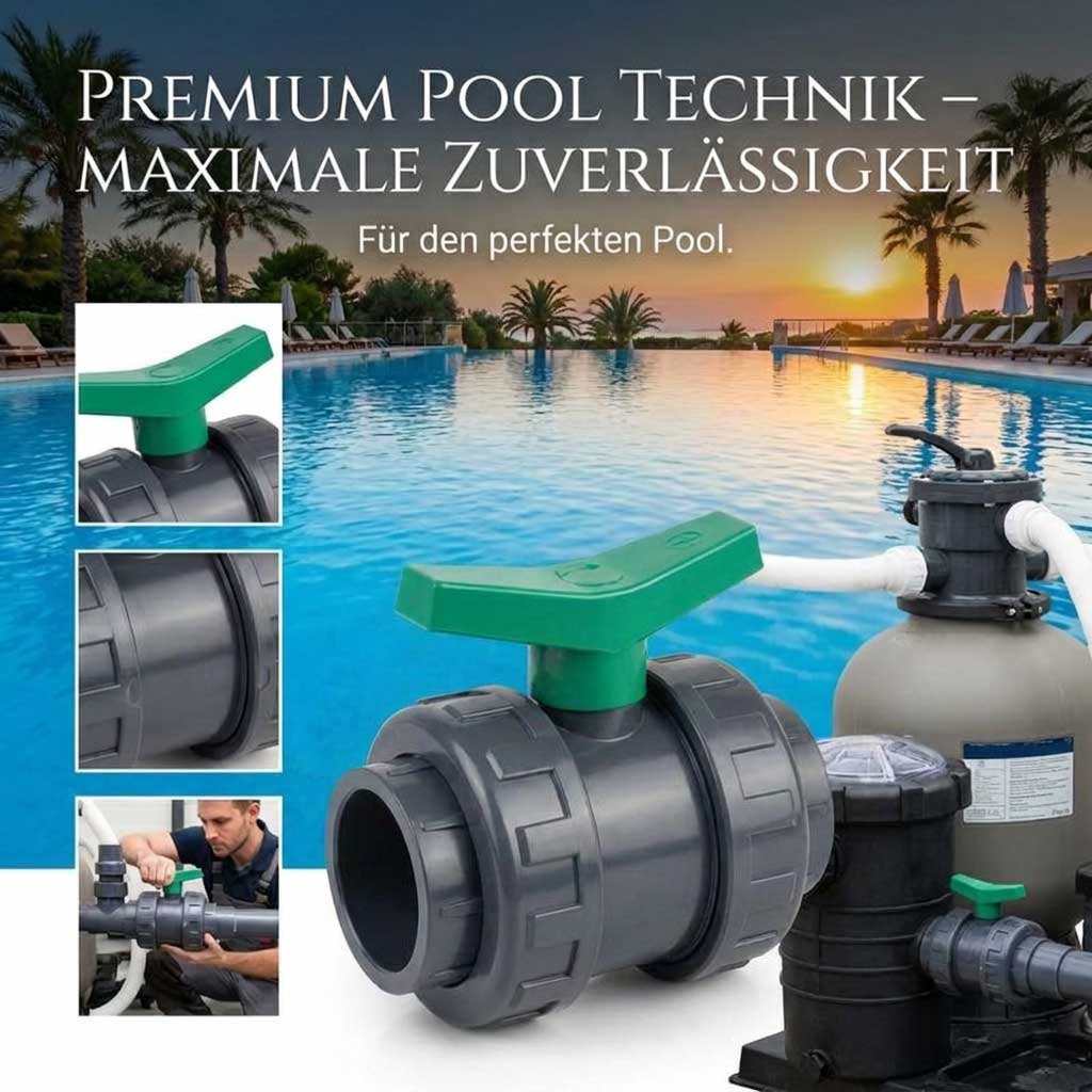 Grauer PVC-Kugelhahn mit grünem Griff für Pool-Sanitär- und Filtersysteme.