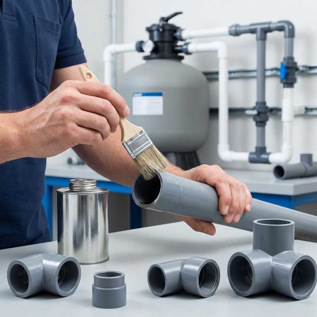 Mann trägt mit einem Pinsel PVC-Grundierung auf ein graues Rohr auf, auf der Oberfläche sind Rohrverbindungen sichtbar.