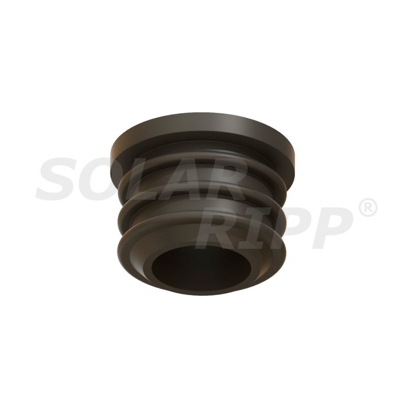 Das Bild zeigt einen dunklen, kreisförmigen, gerippten Stopfen, der wahrscheinlich zum Abdichten oder Verbinden von Rohren verwendet wird.