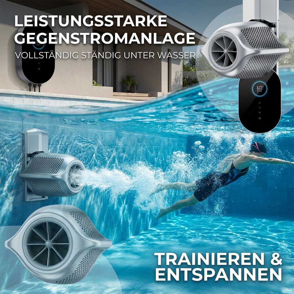 Unterwasseransicht eines Schwimmers in einem Becken mit einer leistungsstarken Gegenstromanlage, die einen Wasserfluss erzeugt.