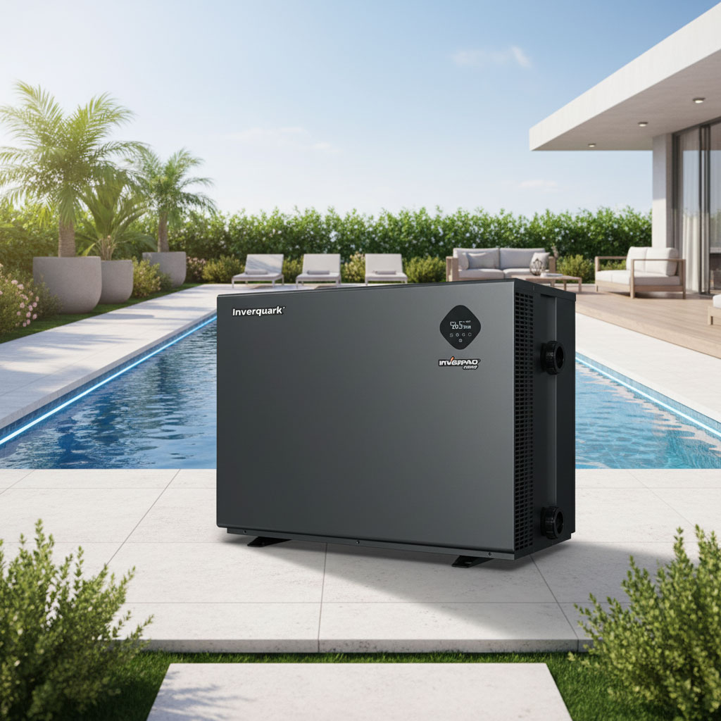 Poolwärmepumpe neben einem modernen rechteckigen Swimmingpool.