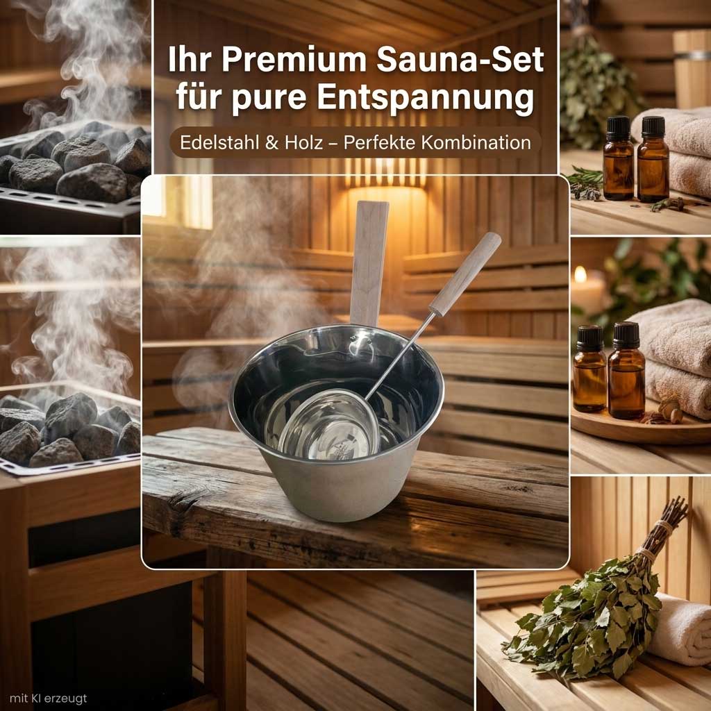 Ein Saunakübel aus Edelstahl mit einer Holzkelle auf einer hölzernen Saunabank.
