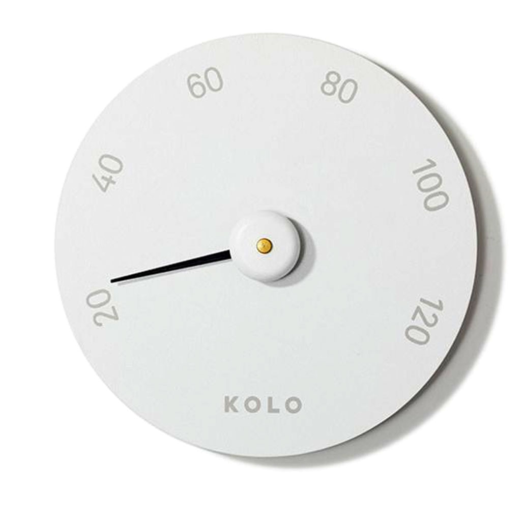 Ein weißes kreisförmiges analoges Messgerät mit einer schwarzen Nadel und numerischen Markierungen von 20 bis 120.