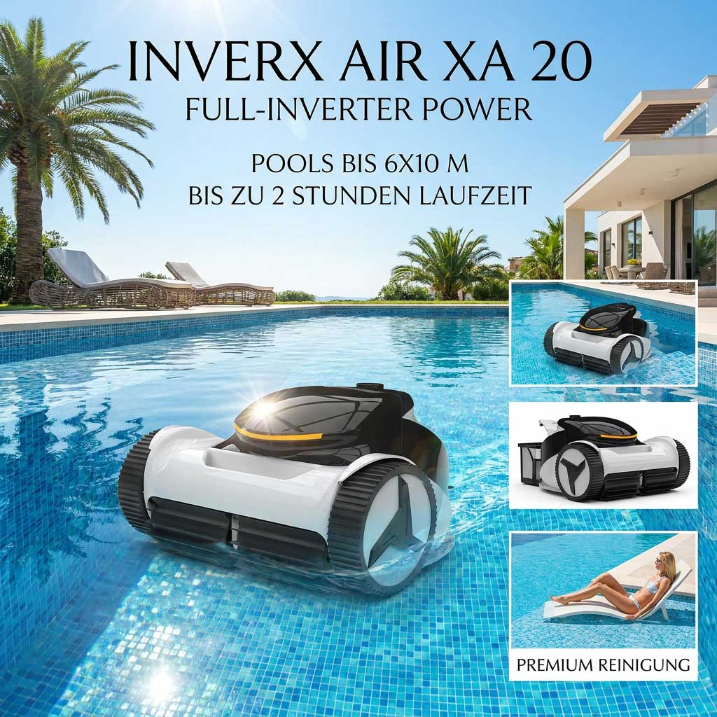 Roboter-Poolreiniger im Einsatz in einem Schwimmbad mit blauen Fliesen.