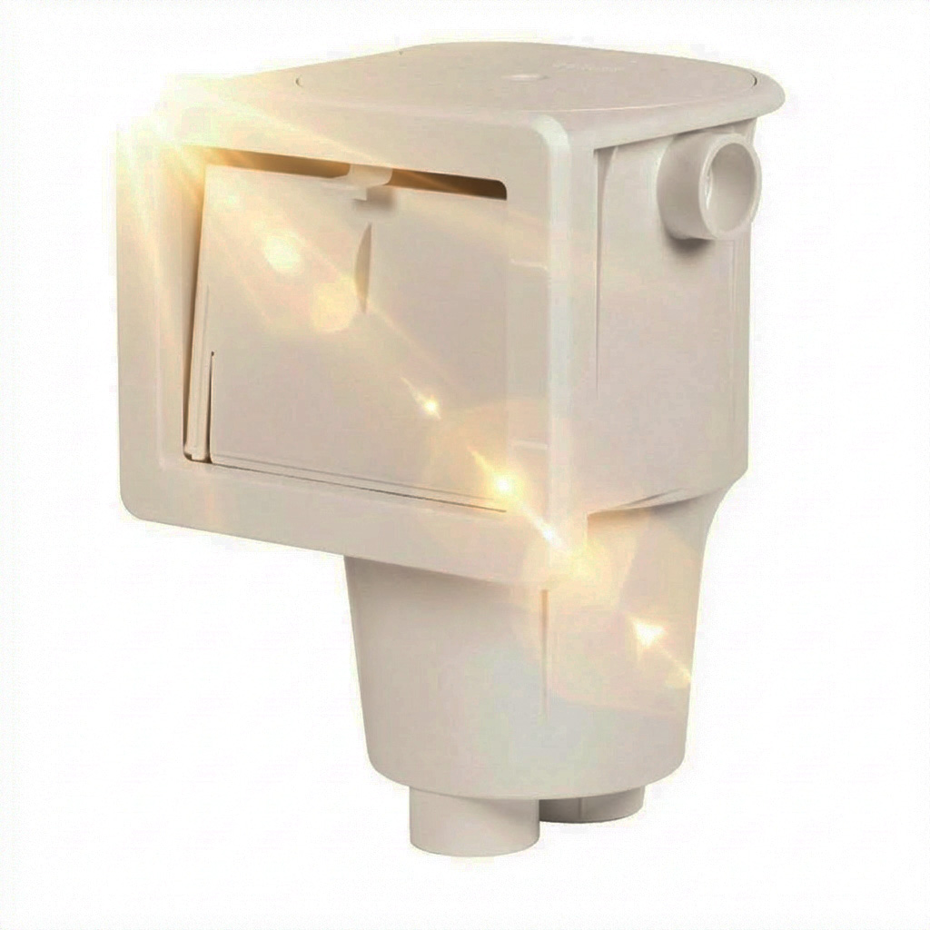 Weißer Poolskimmer mit rechteckiger Öffnung und kreisförmigem Rohranschluss, konzipiert für die Wasserfiltration.