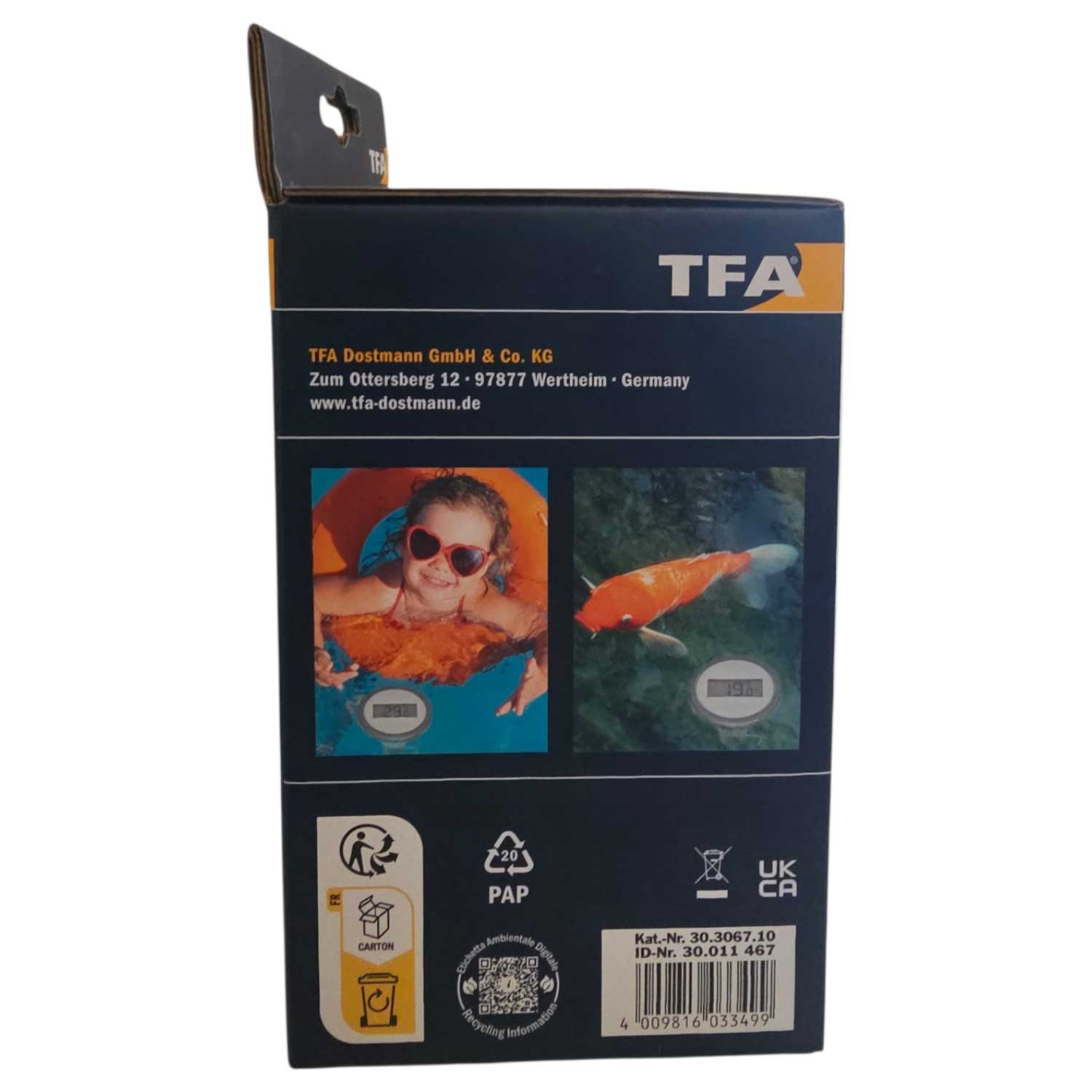 Eine Produktverpackung für ein digitales Poolthermometer mit Bildern eines Kindes und eines Koi-Karpfens.