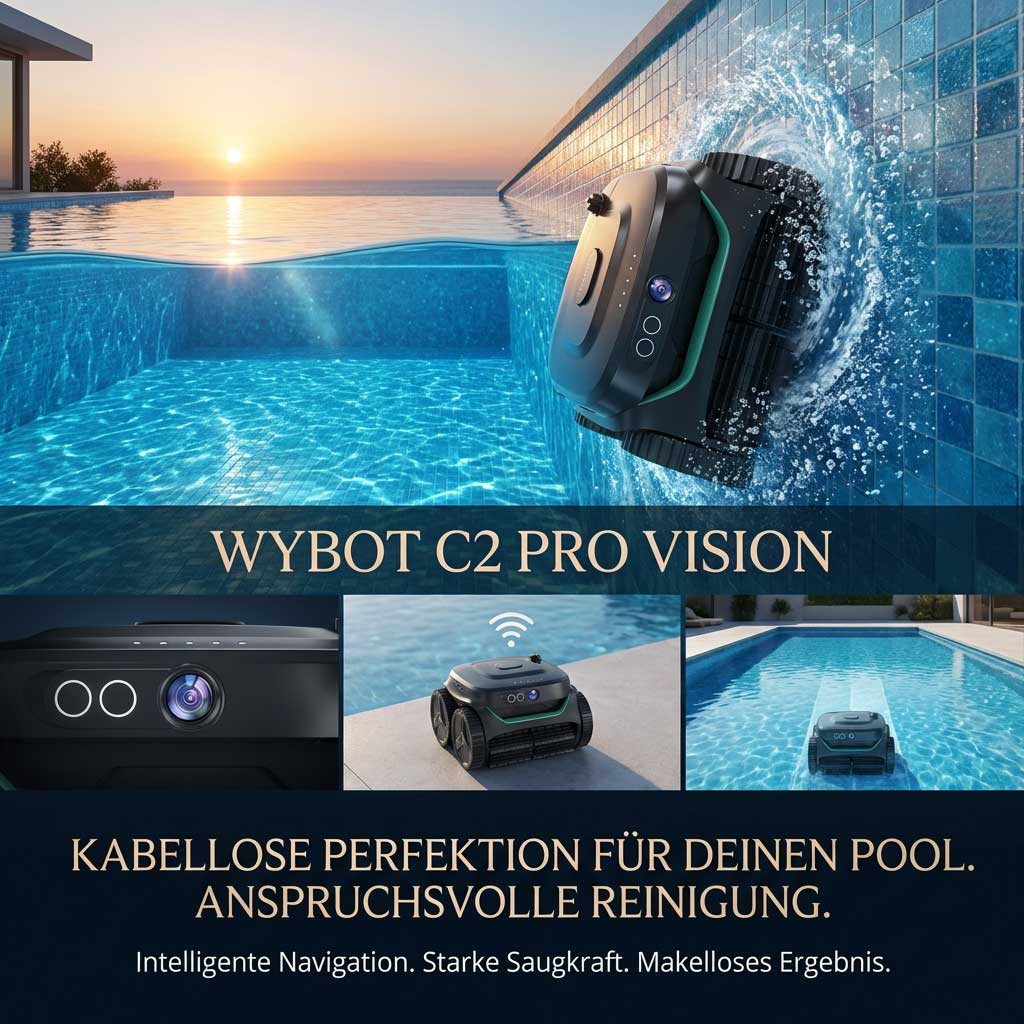 Autonomer Poolreiniger, der in einem Schwimmbad mit blauen Fliesen arbeitet.