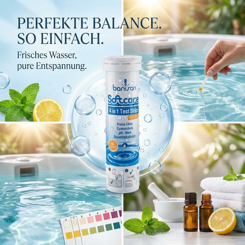 Teststreifen zur Poolwasseranalyse im Spa-Bereich.