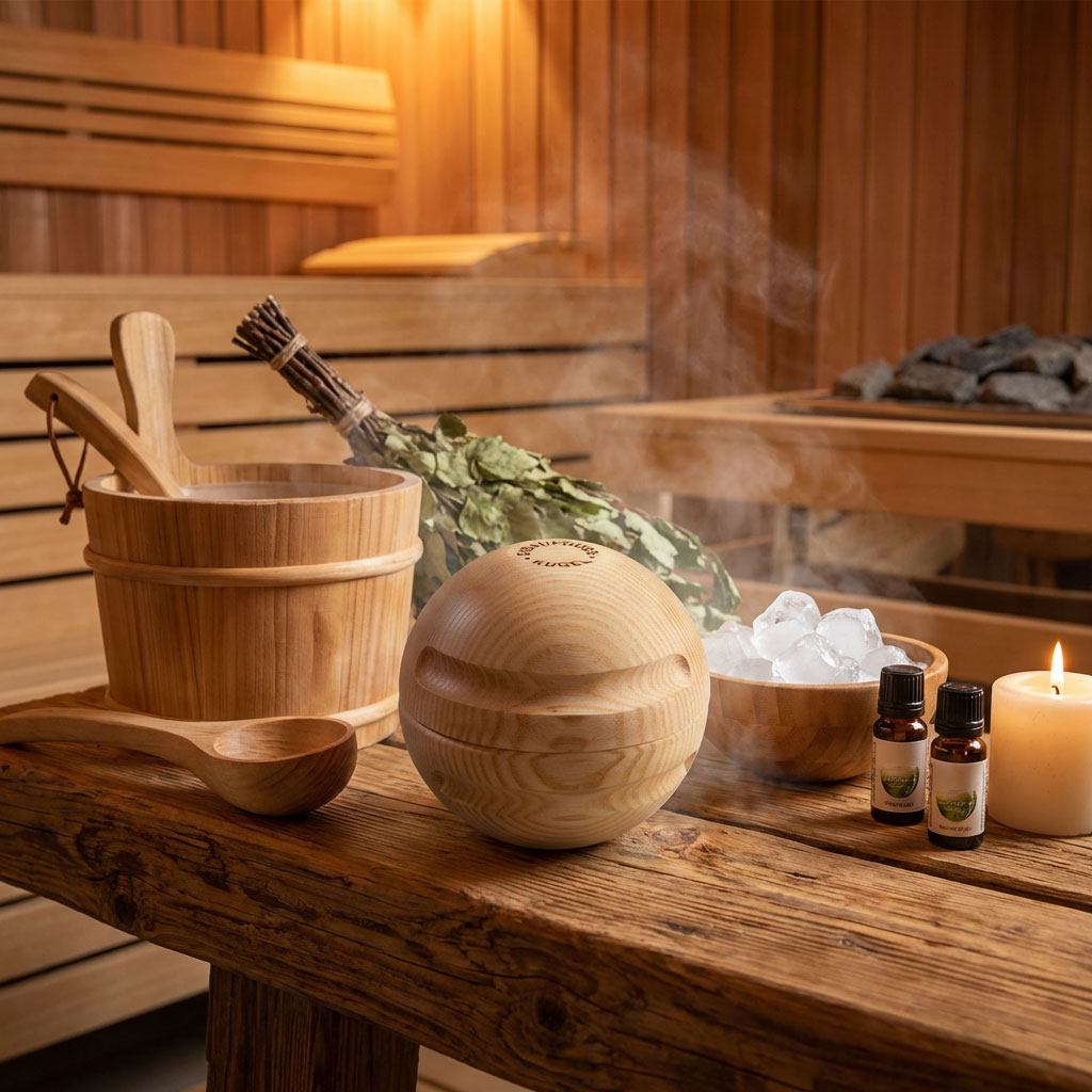 Saunazubehör aus Holz, darunter Eimer, Schöpfkelle und Aromaöle.