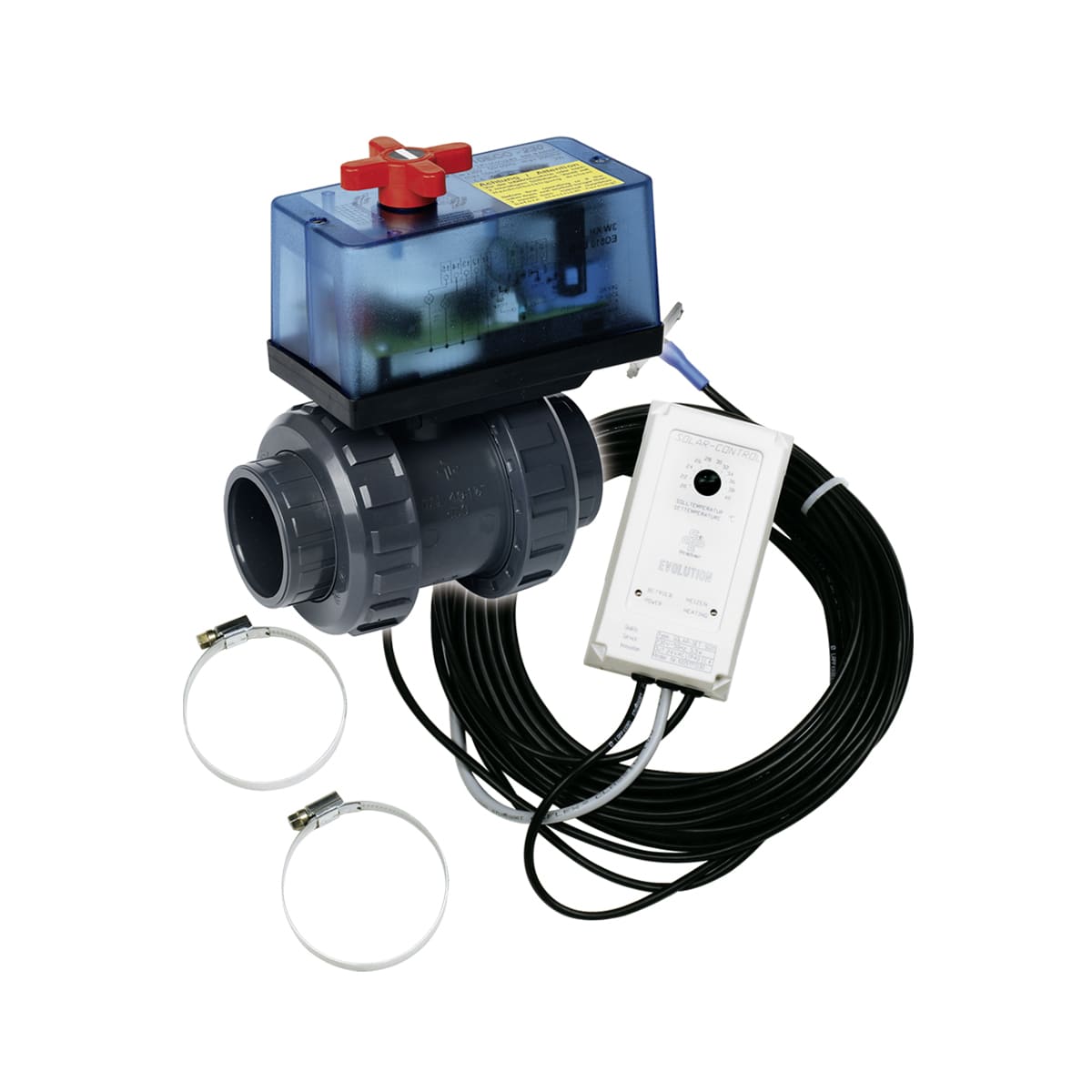 Poolsteuerventil mit Verkabelung und Steuerkasten.