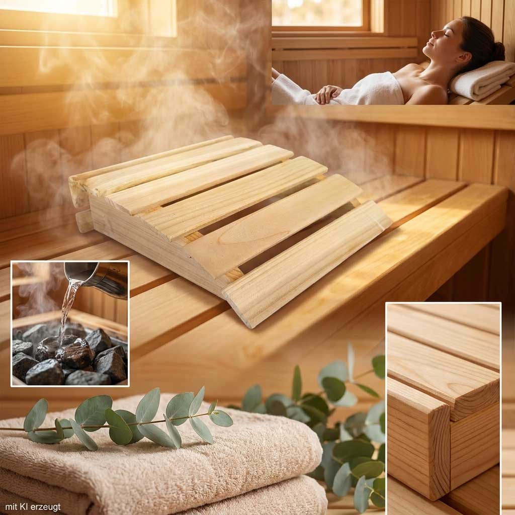 Eine hölzerne Sauna-Kopfstütze auf einer Holzbank mit aufsteigendem Dampf in einem Saunaraum.