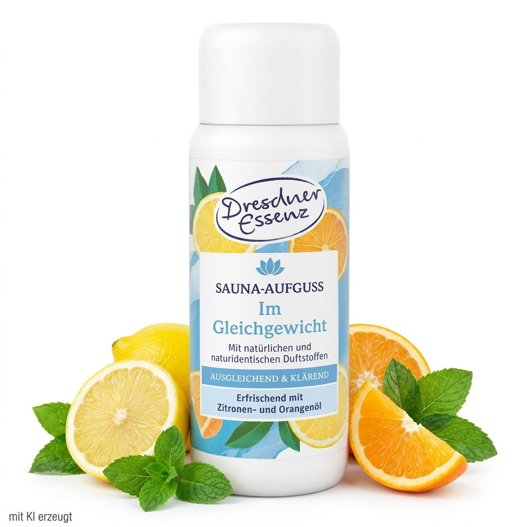 Eine weiße Plastikflasche Dresdner Essenz Saunaaufguss mit Zitrus- und Orangenduft.