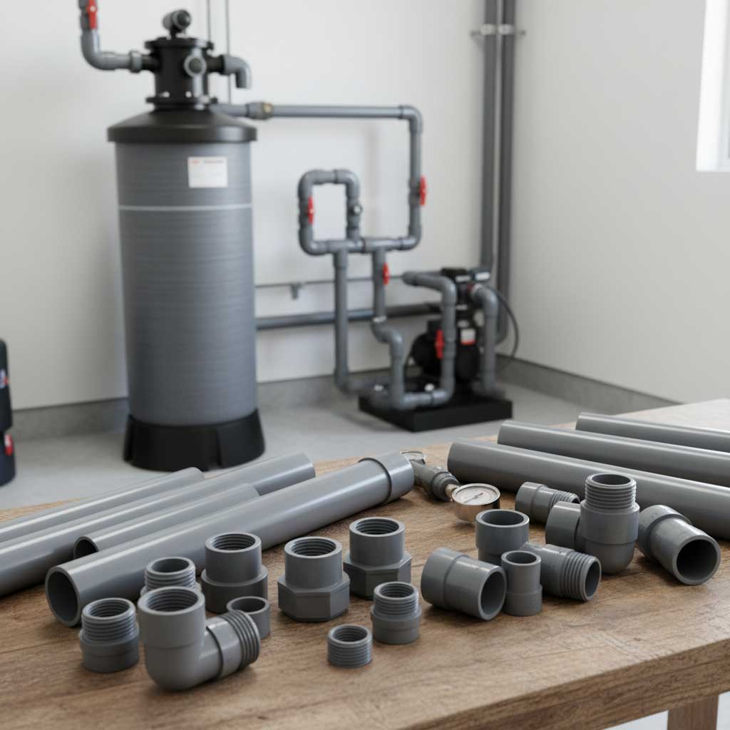 Bild eines Wasserfiltersystems einschließlich verschiedener PVC-Rohre, Armaturen und der Filtereinheit.