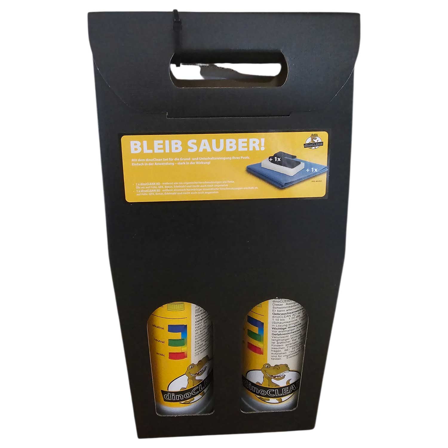 Reinigungsset für die Poolpflege mit zwei Flaschen und einem Reinigungspad.