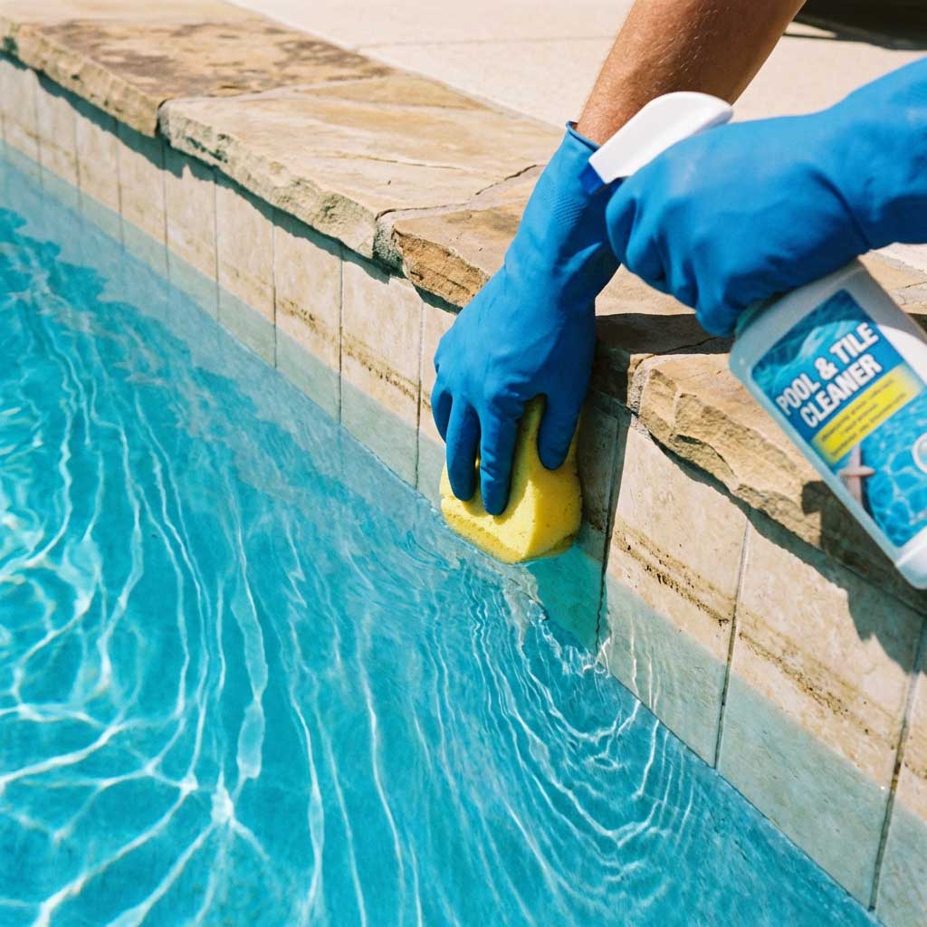 Person reinigt Schwimmbadfliesen mit einem Schwamm und einer Pool- und Fliesenreinigerlösung.