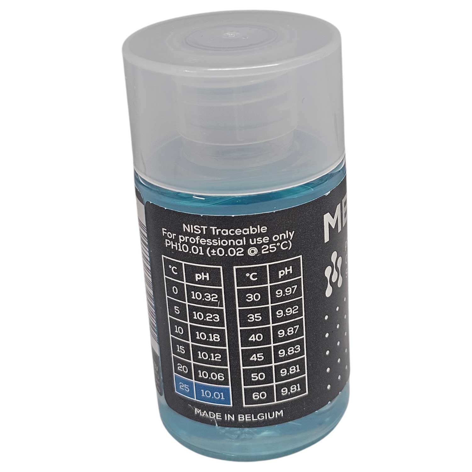 NIST-rückverfolgbare pH-Kalibrierlösungsflasche mit Messtabelle.