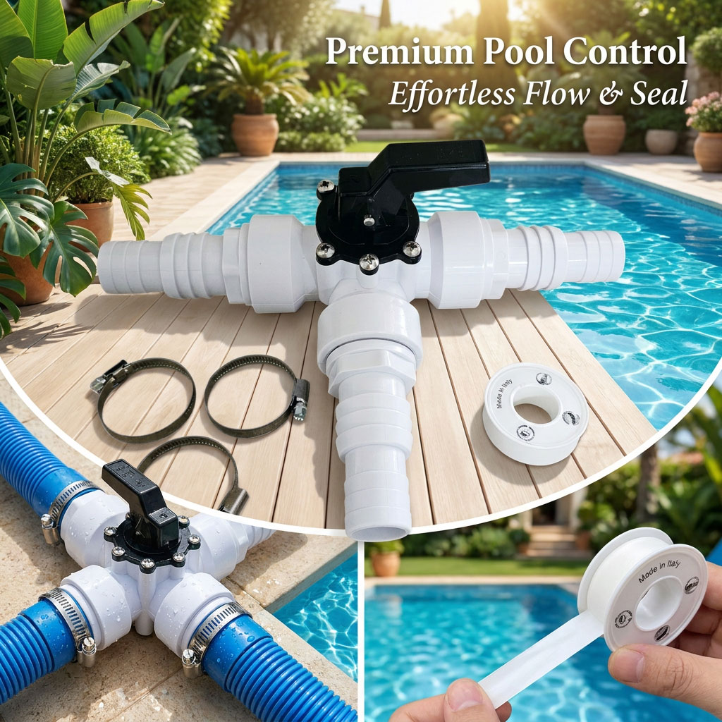 Weißes Poolsteuerventil mit Schläuchen und Klemmen neben einem Schwimmbad.