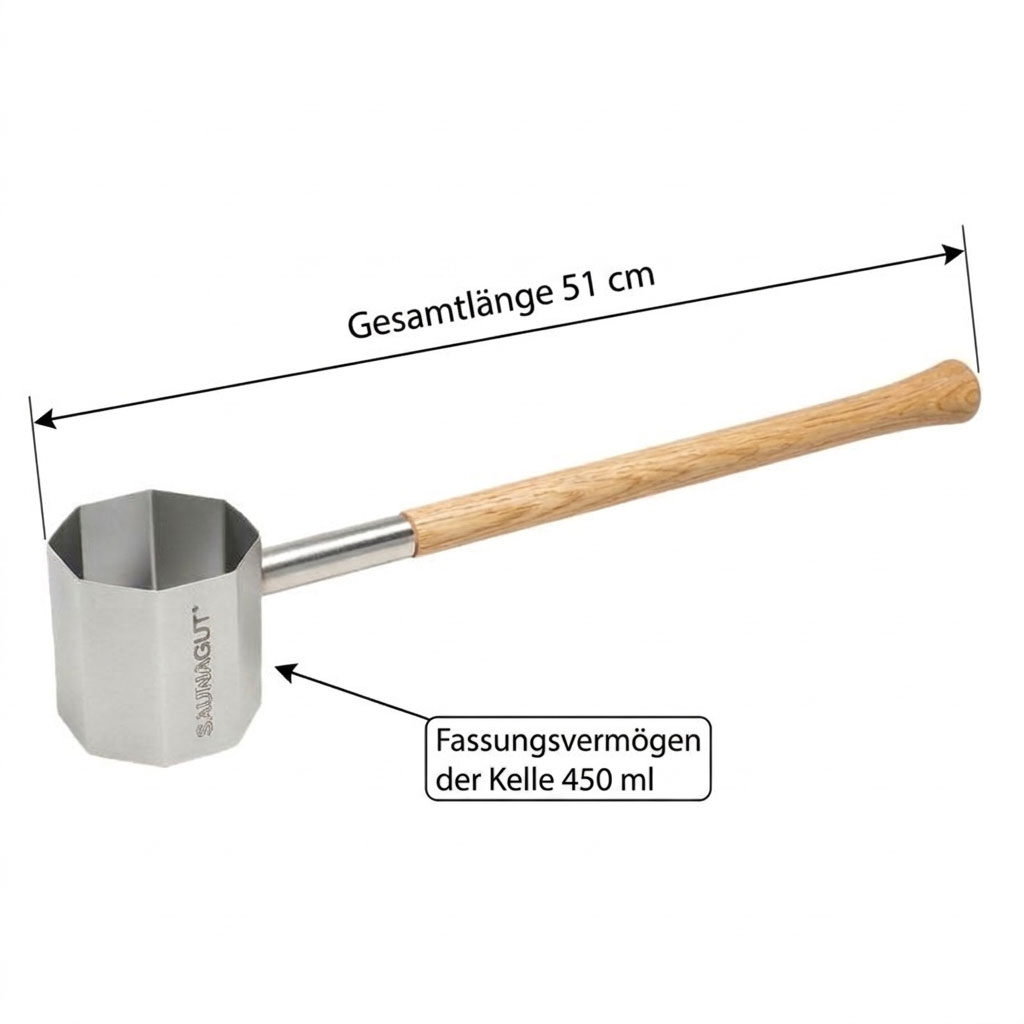 Achteckiger Saunaschöpflöffel aus Edelstahl mit Holzgriff und technischen Maßangaben.