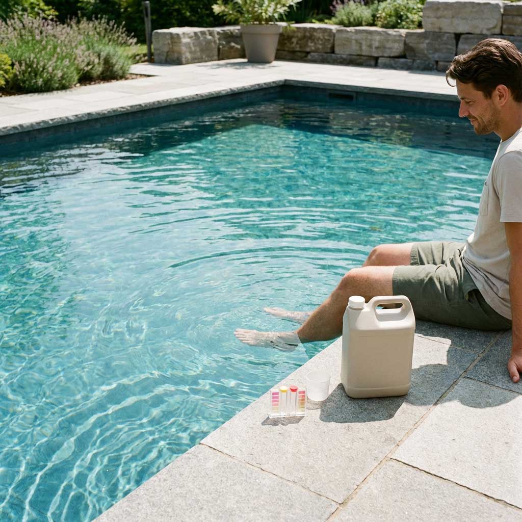 Mann testet die Wasserqualität des Schwimmbades mit einem chemischen Testkit und einem Behälter mit Chemikalien.