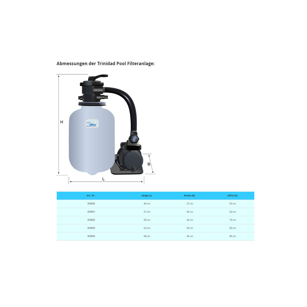 Trinidad-Poolfiltersystem mit Abmessungen und Spezifikationen.
