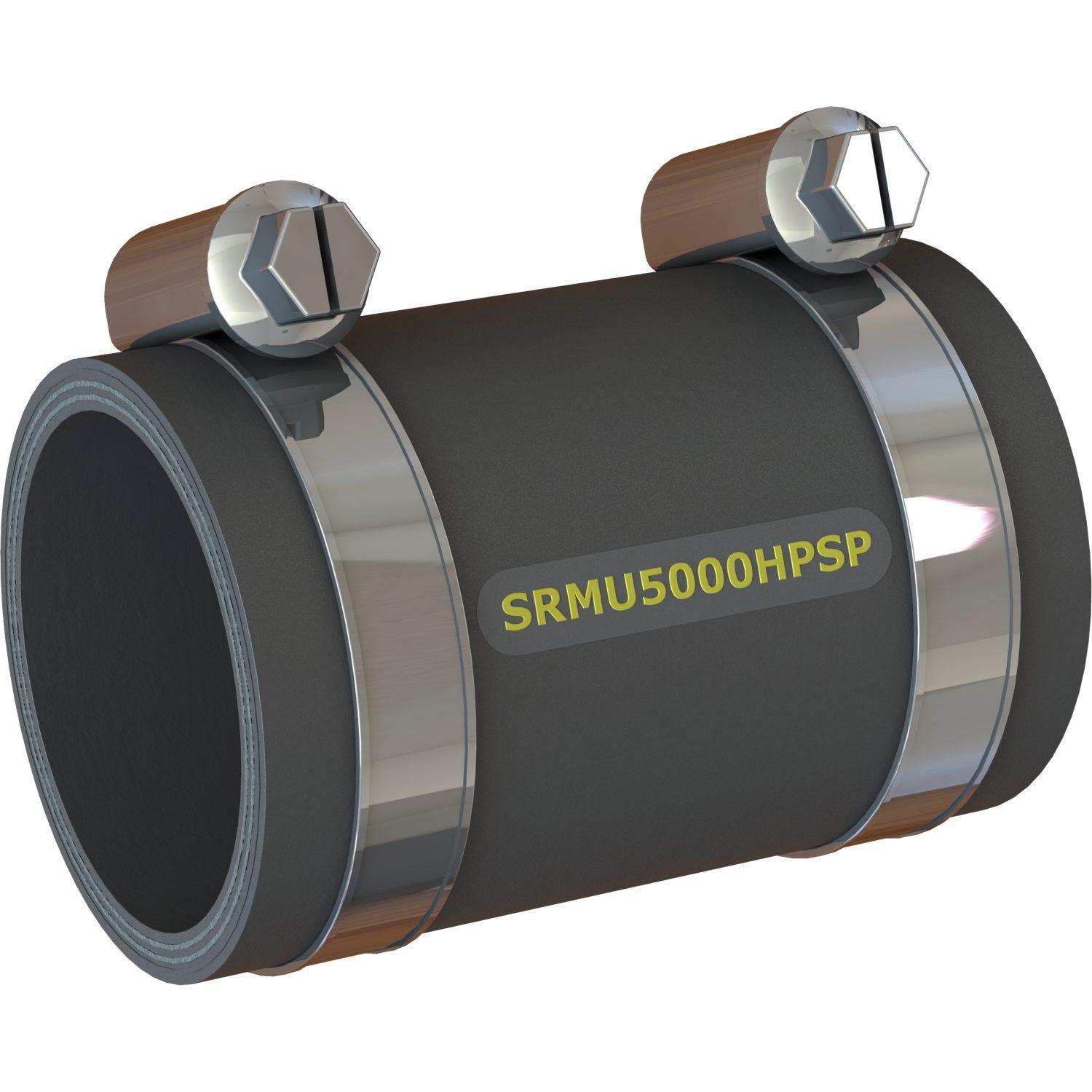 Das Bild zeigt einen schwarzen SRMU5000HPSP-Schlauch, der mit Metallklemmen auf weißem Hintergrund befestigt ist.