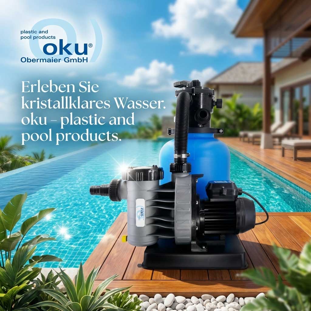 Poolpumpe mit Filteranlage neben einem Swimmingpool auf Holzdeck.