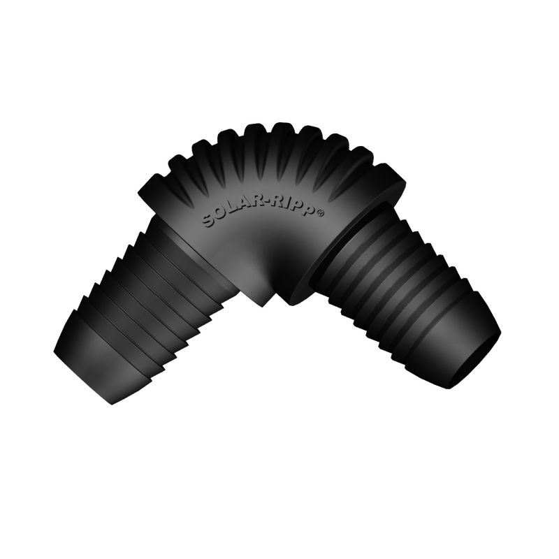 Schwarzer 90-Grad-Winkelanschluss aus Kunststoff mit gerippten Schlauchanschlüssen und einer „SOLAR-RIPP“-Markierung.