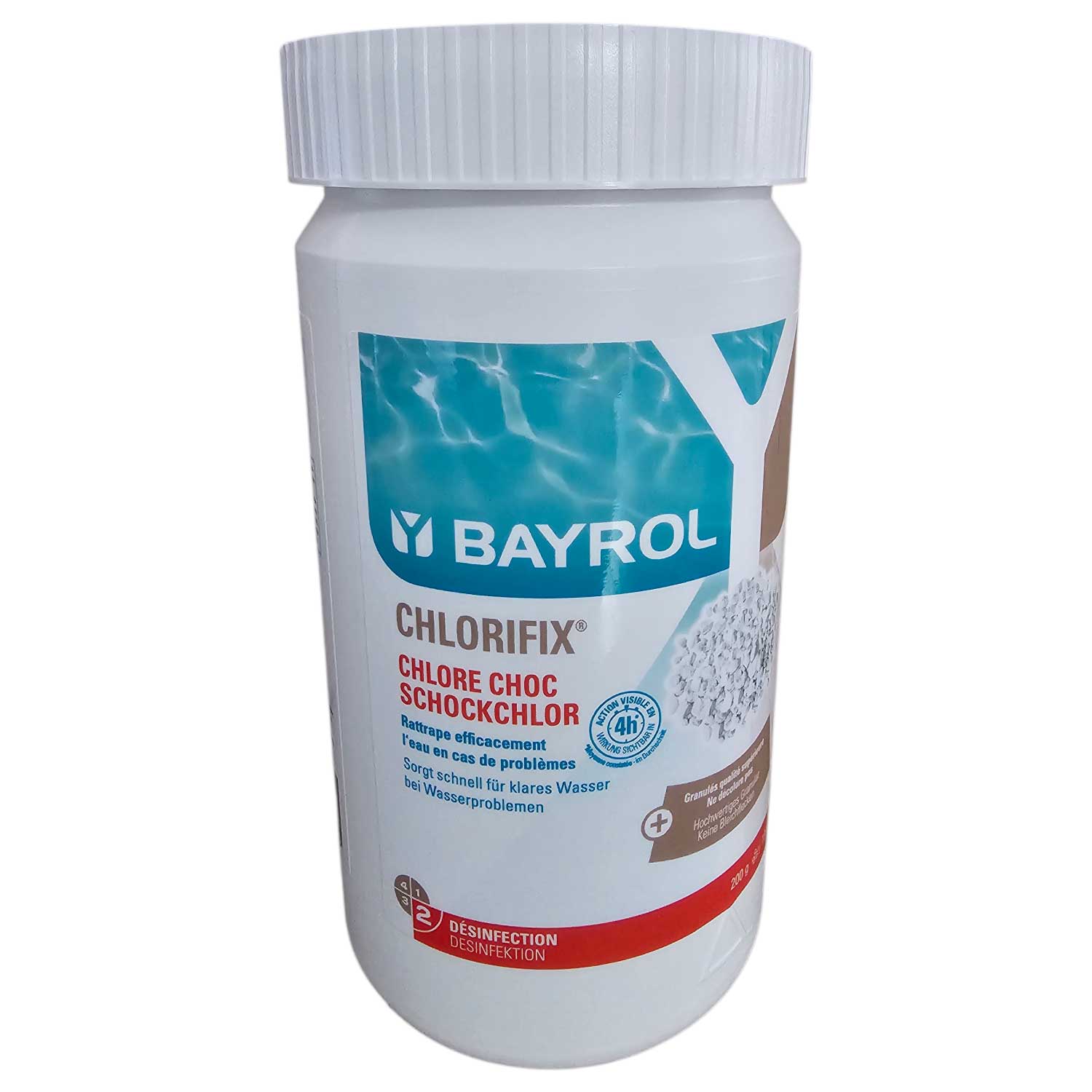 Weißer BAYROL Chlorifix Schock-Chlor-Granulat-Poolchemikalienbehälter für die Wasseraufbereitung.