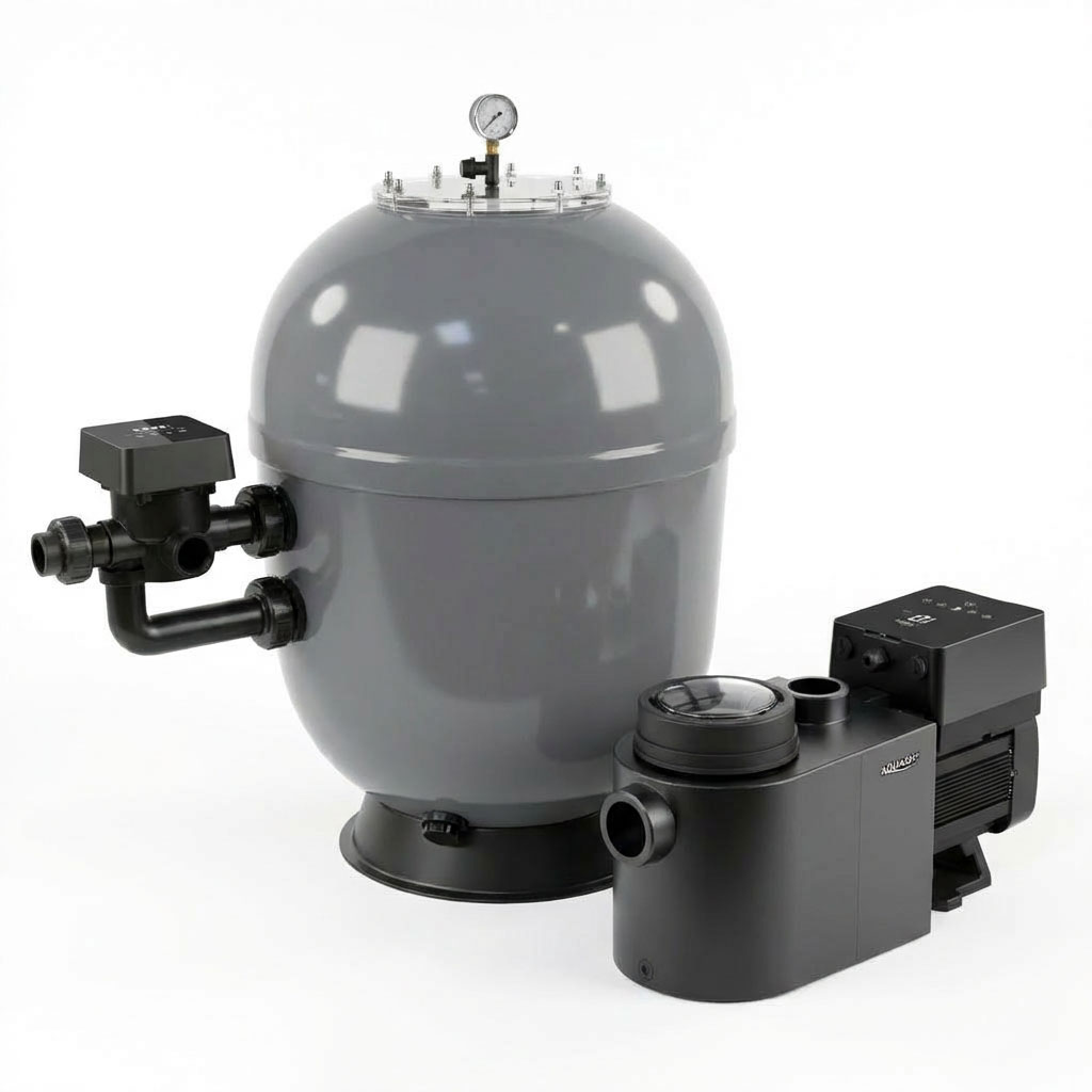 Graues Poolfiltersystem mit Manometer und Pumpe.