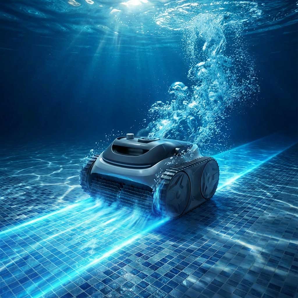 Unterwasserroboter-Poolreiniger mit Schienenrädern auf gefliestem Poolboden, der blaues Licht und Blasen ausstrahlt.