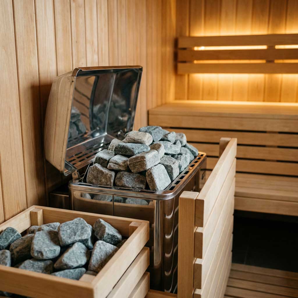 Innenansicht der Sauna mit einem mit Steinen gefüllten Ofen, Holzwänden und Bänken zum Entspannen.