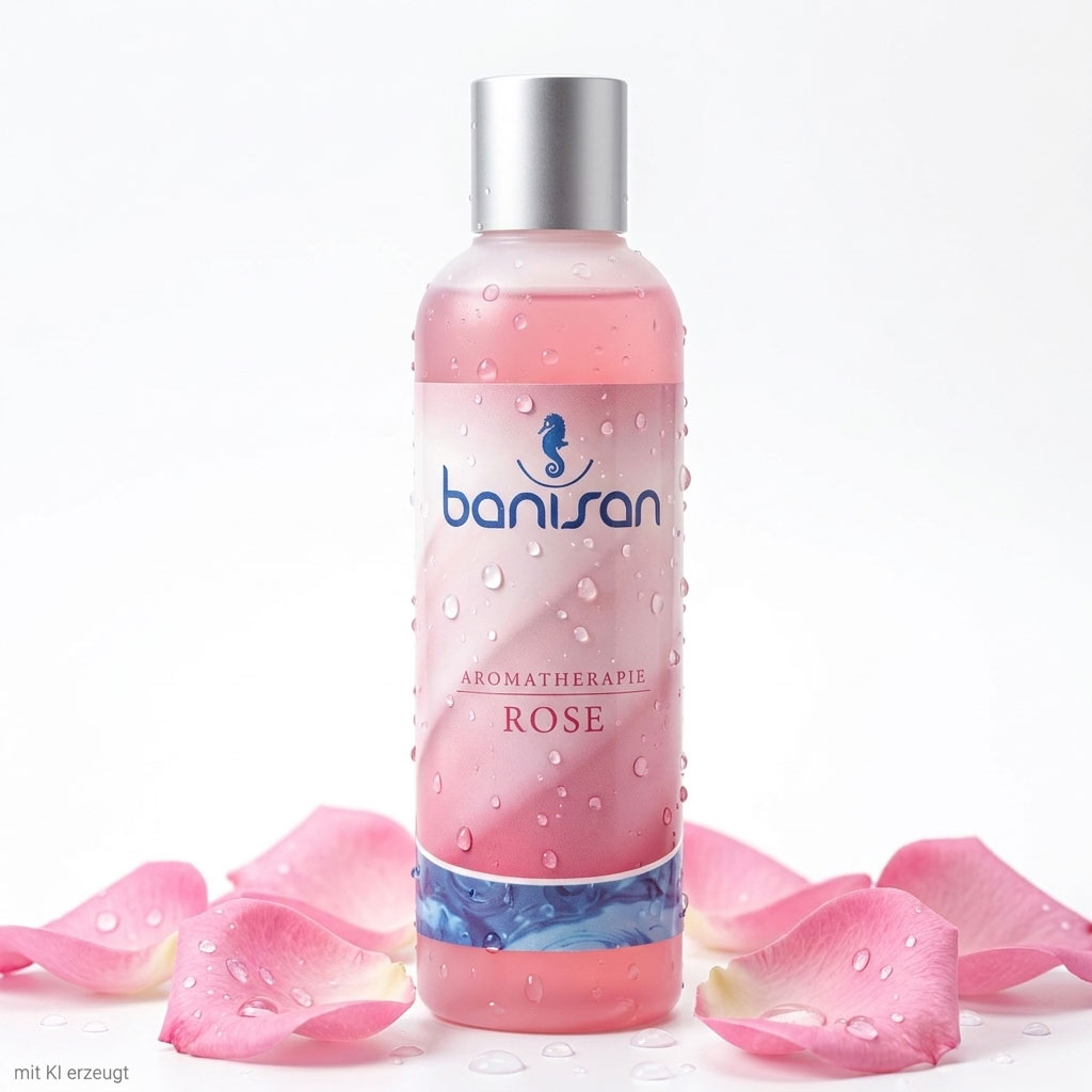 Eine Flasche Badezusatz Banisan Rose mit Wassertropfen auf weißem Hintergrund.