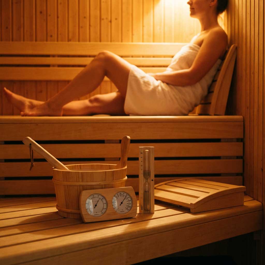 Innenansicht einer Sauna mit Holzeimer, Hygrometer, Sanduhr und einer entspannenden Person.