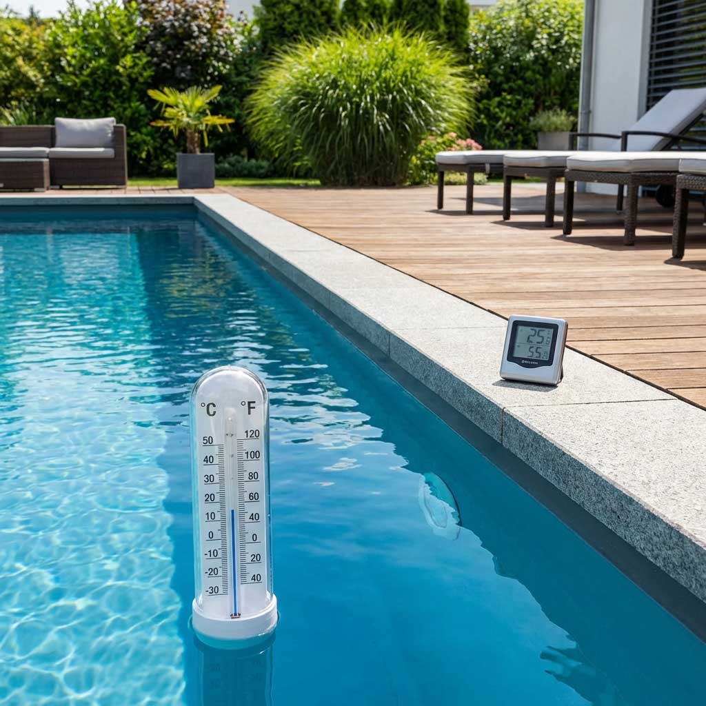 Messung der Poolwassertemperatur mithilfe eines schwimmenden Thermometers und einer digitalen Anzeige am Beckenrand.