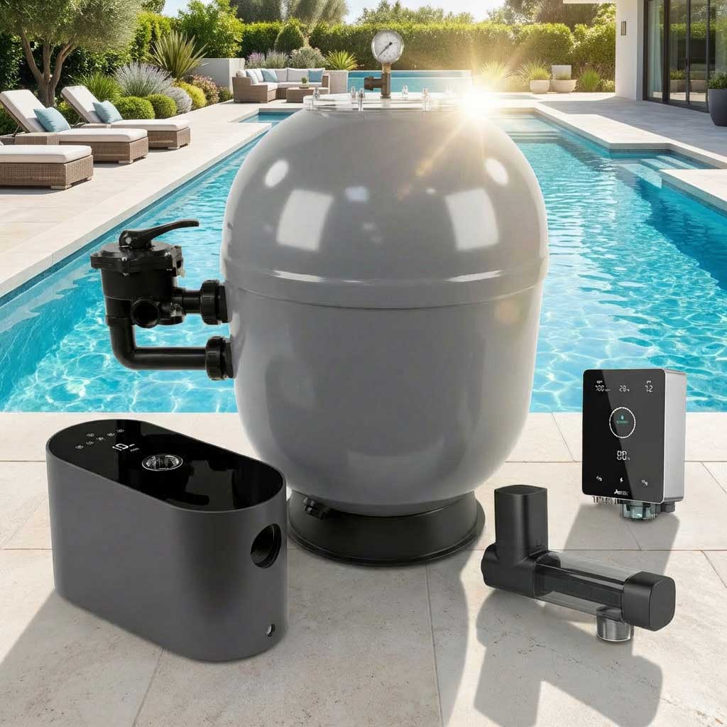 Poolfilteranlage mit Steuergeräten auf einer Terrasse am Pool.