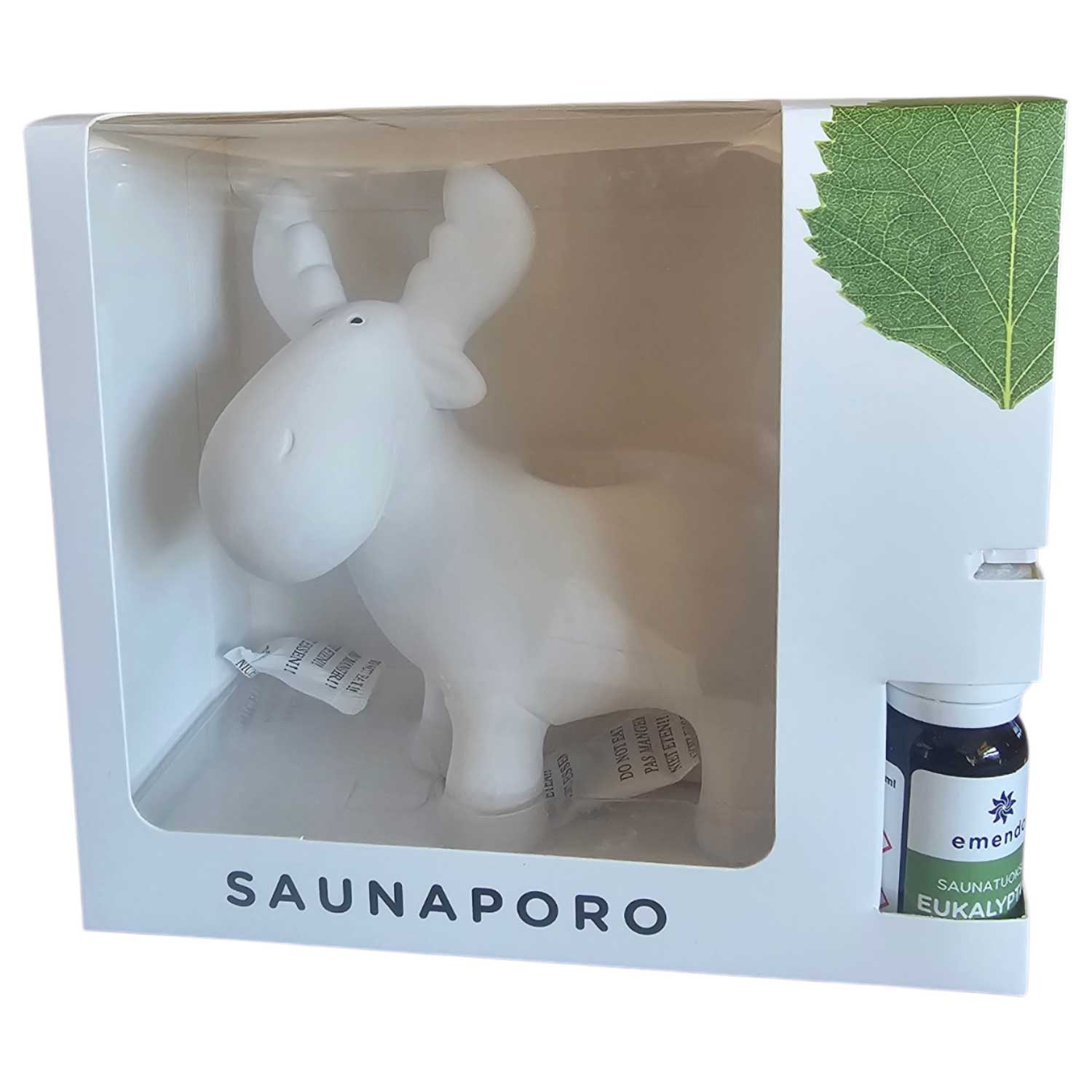 Eine weiße Elchfigur aus Keramik und eine kleine Flasche Eukalyptusöl in einer Produktschachtel.