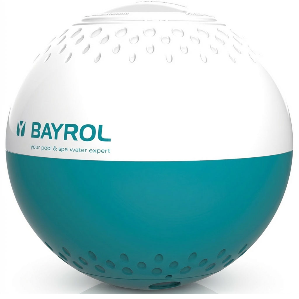 Runder Poolwasseraufbereitungsspender mit blau-weißem Design.