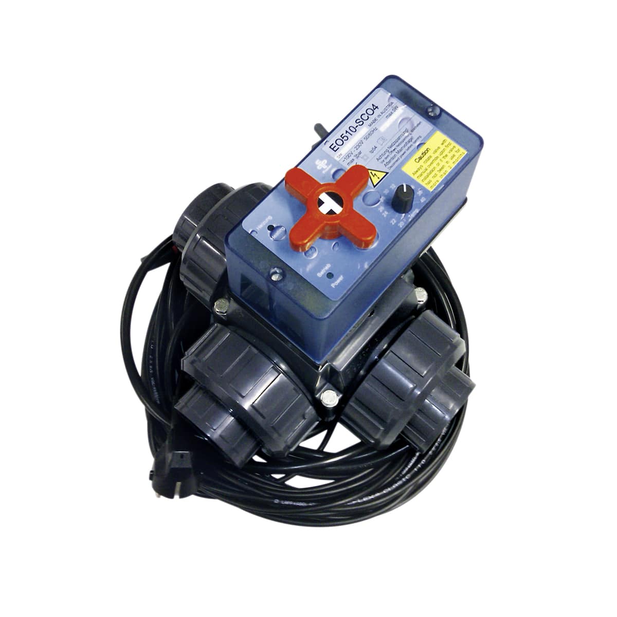 Elektronischer Ventilantrieb mit mehreren Anschlussanschlüssen und Kabeln.