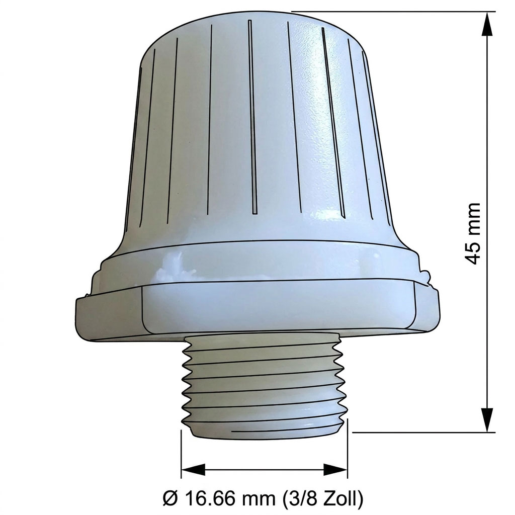 Weißer Gewindeanschluss mit den Abmessungen 16,66 mm Durchmesser und 45 mm Höhe.