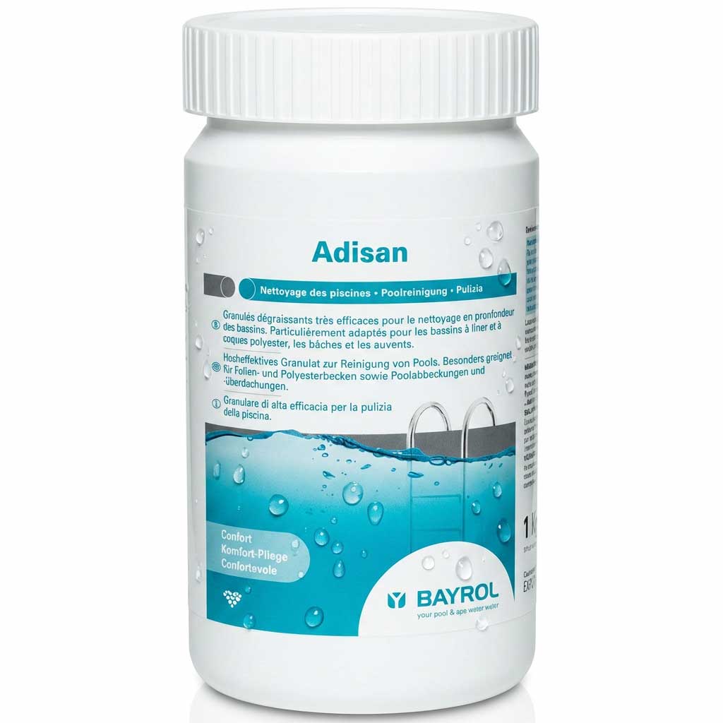 Behälter mit Poolreinigungsgranulat für eine effektive Poolpflege.