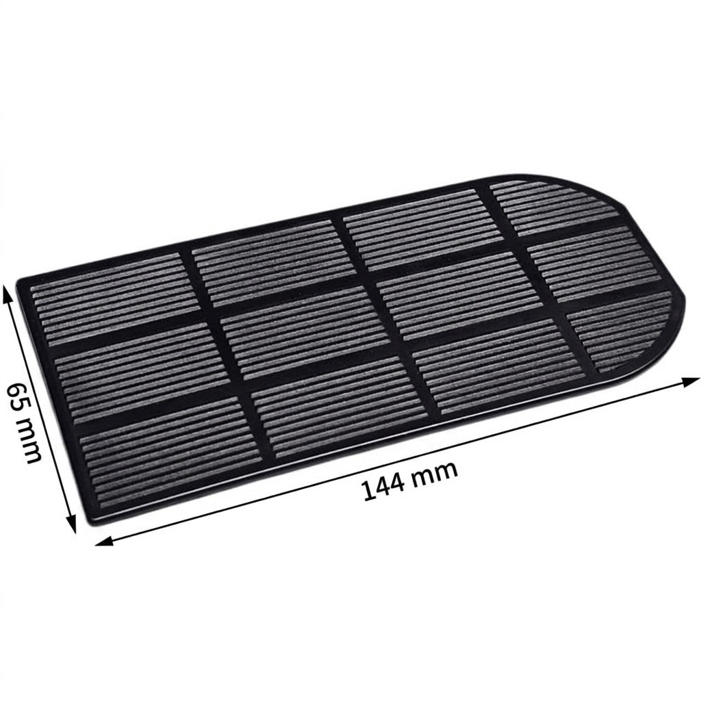 Ein schwarzes rechteckiges Gummipad mit abgerundetem Ende und den Abmessungen 144 mm x 65 mm.
