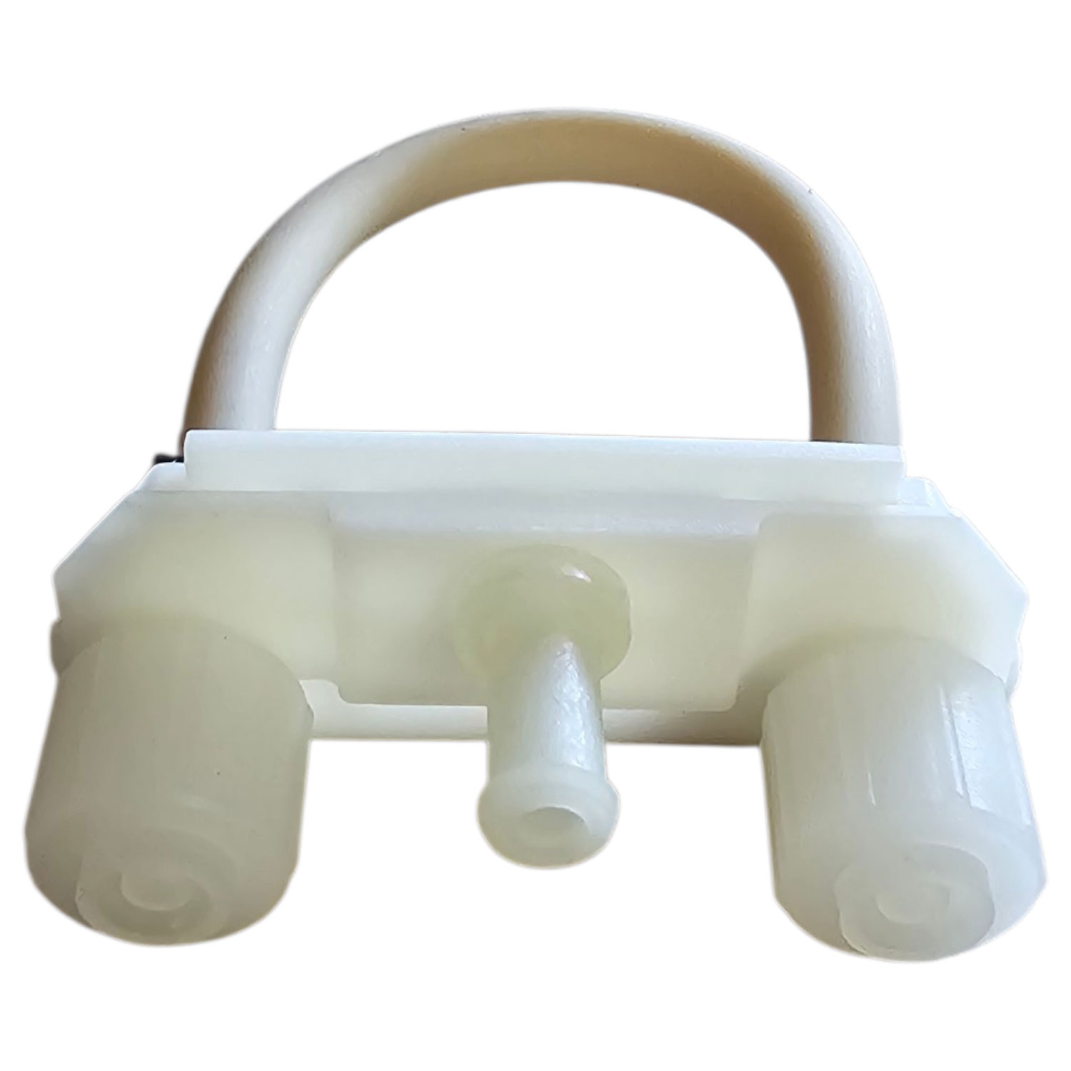 Kunststoffanschluss mit zwei Öffnungen und gebogenem Griff für den Flüssigkeitstransfer.