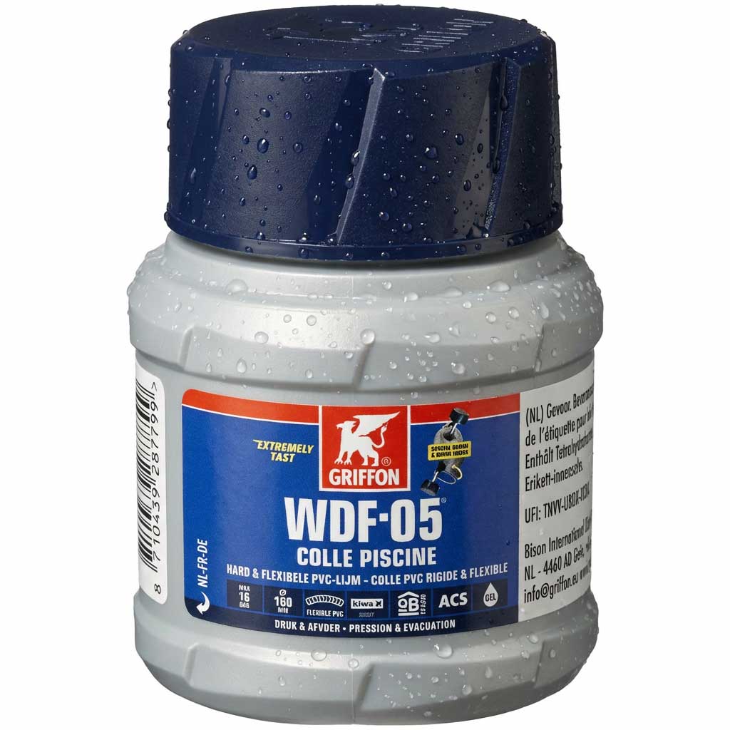 Behälter mit PVC-Klebstoff für Poolanwendungen mit blauem Deckel.