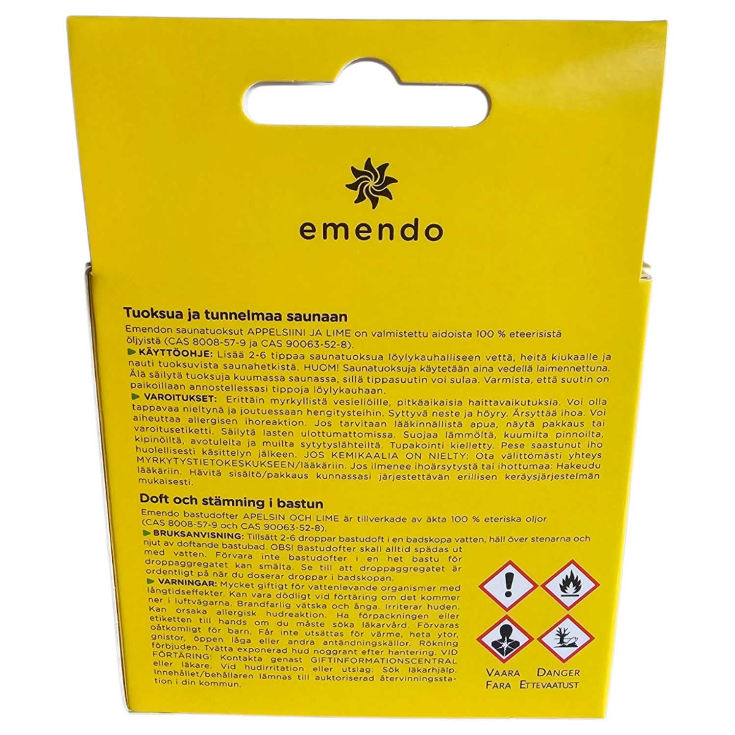 Gelbe Verpackung mit Produktinformationen und Gefahrensymbolen für Sauna-Duftöl.