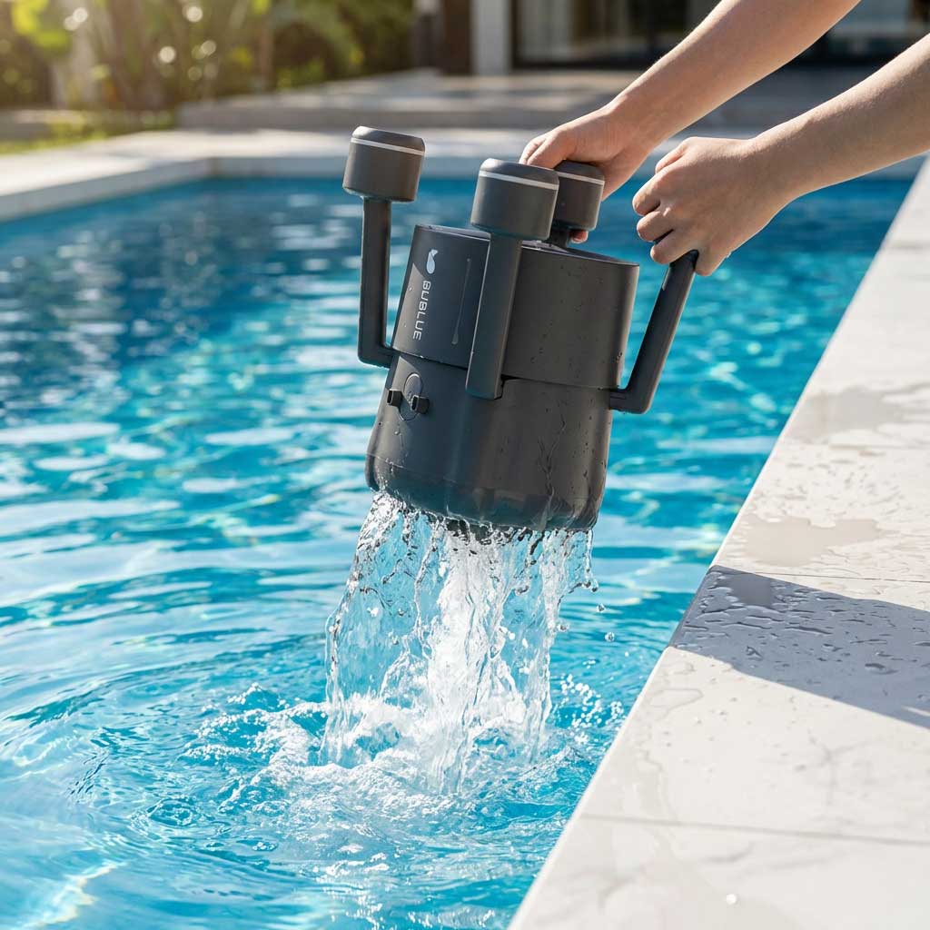 Eine Person entfernt einen dunkelgrauen Poolreinigungsroboter aus einem Schwimmbad, aus dem Wasser abfließt.