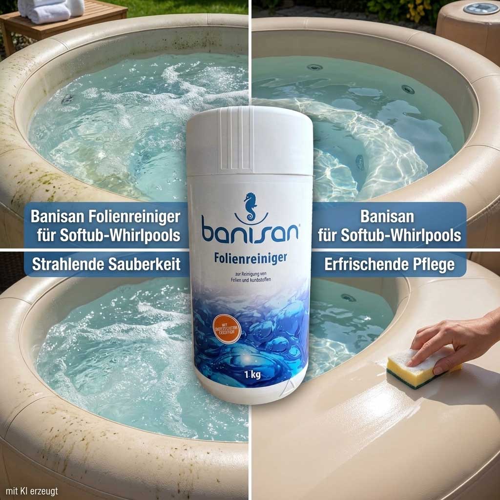 Eine Flasche Whirlpool-Reiniger wird mit einem Reinigungsschwamm vor einem runden, tragbaren Whirlpool platziert.