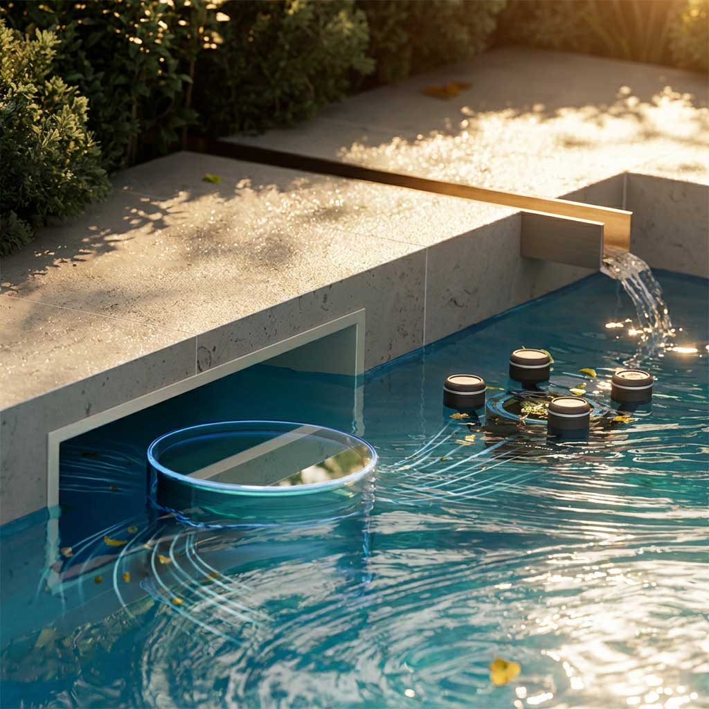 Ein Pool mit runder Poolabdeckung und schwimmendem Poolzubehör sowie einem Wasserfall.