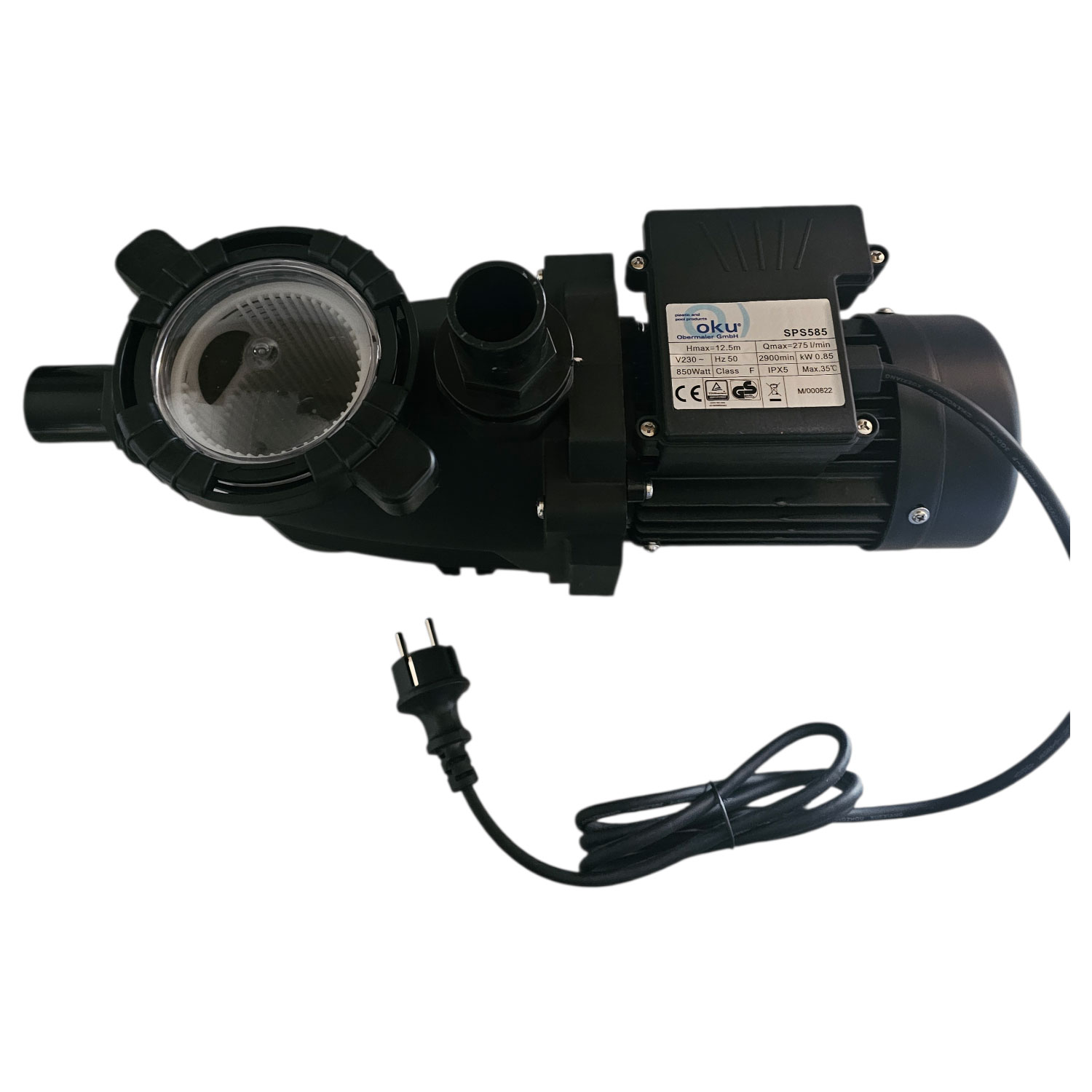 Schwimmbadpumpe mit durchsichtigem Deckel und Stromkabel.